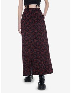 Black & Red Floral Skull Maxi Skirt Maxi Skirt Outfits, Couture, Dark Goth Aesthetic, Hozier Concert, Red Maxi Skirt, Outfit Dark, Grunge Skirt, Floral Skull, Floral Maxi Skirt