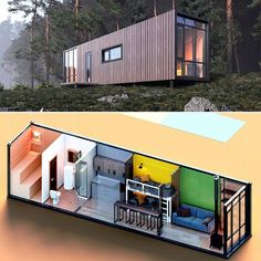 two pictures side by side of a small house in the woods, and one with an open floor plan