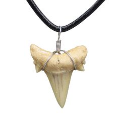 a necklace with an animal's head hanging from the front on a black leather cord