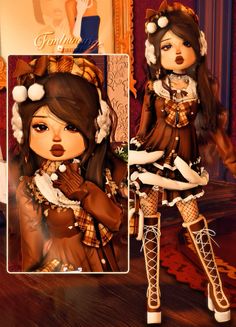 a doll with long hair wearing a brown outfit