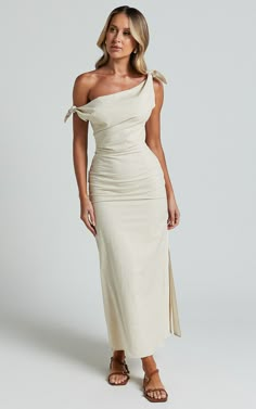 CINCINNATI MIDI DRESS - OFF THE SHOULDER SIDE SPLIT COLUMN DRESS in Beige Affordable Long Elegant Midi Dress, Luxury Beige Midi Dress For Day Out, Luxury Cream Dresses For Brunch, Luxury Timeless Formal Midi Dress, Chic Cream Dresses At Affordable Prices, Cheap Chic Cream Dresses, Cheap Chic Midi Dress, Affordable Chic Midi Dress, Affordable Elegant Beige Dress