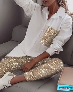 Buy Fashionkova Women Sequin Long Sleeve Shirt + Glitter Shiny Pant Fashion Sets 2022 Autumn New at BestDealBuys. Buisness Casual Women, Sequin Suit, Sequin Pant, Buisness Casual, Celana Fashion, Pant Suits For Women, Shiny Pants, Sequin Pants, Pantsuits For Women