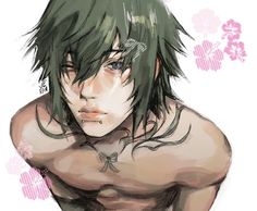 an anime character with green hair and piercings on his chest is looking at the camera