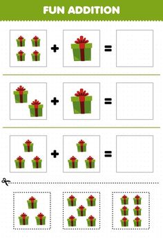 Education game for children fun addition by cut and match of cute cartoon green gift box with red ribbon pictures for printable winter worksheet Winter Worksheet, Christmas Activity Book, Cartoon Green, Game For Children, Green Gift, Educational Worksheets, Logo Banners, Green Gifts, Heart With Arrow