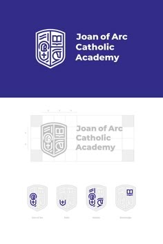 Logo design process for Joan of Arc Catholic Academy. Blue and white colour palette with brand seal/emblem. Graphic Design, Branding, Art Direction, Adobe Illustrator, Adobe Photoshop School Emblem Design, Private School Logo Design, Campus Logo Design, Teacher Logo Design Education, Education Logo Design Schools, University Logo Design Inspiration, Educational Logo Design, School Logos Design, Education Brand Identity