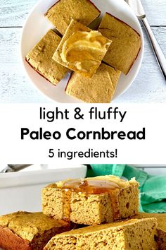 Paleo Cornbread piled on a white plate with the top piece covered in ghee and honey Paleo Dinner Rolls, Paleo Sandwich Bread, Paleo Cornbread, Plantain Bread, Gluten Free Cornbread, Breakfast Bread Recipes, Paleo Bread