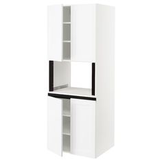 a tall white cabinet with black trim on the door and shelves in front of it