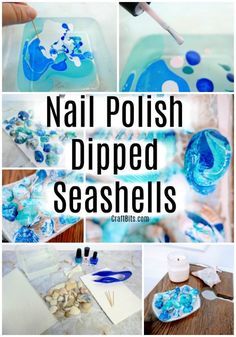 blue and white crafts with text that reads nail polish dipped seashells