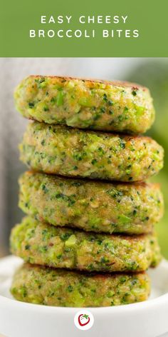 broccoli cheese bites stacked on top of each other in a white bowl with the title