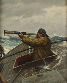 a painting of a man in a boat with a telescope