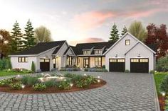 this is an artist's rendering of a house in the country style with driveway and landscaping