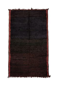 a black and red rug with fringes on the bottom, in front of a white background