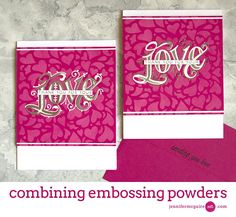 two pink and white greeting cards with the words love on them