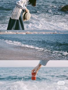 two pictures of the same person walking on the beach, one is holding a drink in her hand