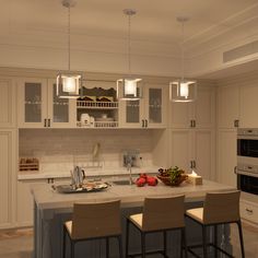 a large kitchen with white cabinets and counter tops, along with four bar stools