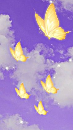 four yellow butterflies flying in the sky on a clear day with white clouds and stars