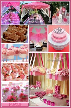 a collage of pink and white desserts, cupcakes, cakes and more