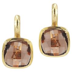 14 Karat Yellow Gold Matte and Hammer-Finished Drop Earrings, Centered with a 10mm 7.0CT Checkerboard Cushion-Cut Smokey Topaz Semi-Precious Color Stone. Color Stone Earrings, Smokey Topaz, Topaz Color, Color Stone, Matte Gold, Cushion Cut, Stone Earrings, Stone Color, Semi Precious