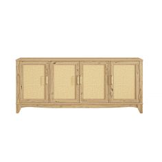 the sideboard is made from wood and has three doors, one with woven panels