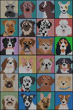 a cross stitch pattern with many dogs and cats on it's squares, all in different colors