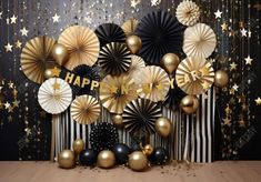 Black and Gold Happy New Year Backdrop - Gatsby Backdrop Gold And Silver New Years Decor, Great Gatsby New Years Eve Party, Happy New Year Decor, New Years Backdrop Ideas, New Year Backdrop Ideas Diy, Paper Fans Decoration Backdrops, Black And Gold Photo Backdrop, Happy New Year Decoration Ideas, New Years Eve Photo Backdrop