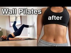 a woman doing an exercise on her stomach and the words wall pilates after