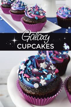 chocolate cupcakes with purple frosting and sprinkles on white plates