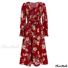 Olivia Mark - Vintage Long-Sleeve Cable Knit Floral Maxi Dress with Round Neck Round Collar Dress, Long Sleeve Floral Maxi Dress, Robes Glamour, Vestidos Retro, Robes D'occasion, Basic Skirt, Round Neck Dresses, Floral Print Maxi Dress, Floral Print Maxi