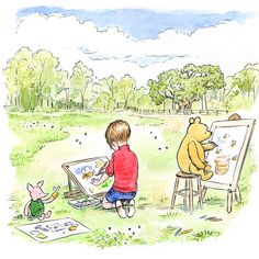 a little boy is painting with winnie the pooh and piggy on an easel