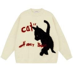 Curious & Cozy | Comfy Pullover Knit Black Cat Sweater – Meowgicians™ Cat Posing, Colourful Clothes, Word Cat, Model Clothes, Graffiti Text, White And Black Cat, Apricot Sweater, Cat Sweater, Knitted Cat