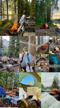 a collage of pictures with people camping in the woods