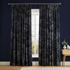 Featuring inky blue blooms, this familiar floral is a monochrome twist on our Design of the Year 2023. Featuring deep navy tones, Enzia Navy is the perfect design for any moody interior. These curtains can be made to measure to your exact specifications so it's never been easier to refresh your windows! Dark Blue Curtains Living Room, Navy Curtains Living Room, Moody Curtains, Pale Blue Curtains, Navy Blue Bedroom Walls, Mint Curtains, Blue Curtains Living Room, Dark Blue Curtains, Navy Curtains