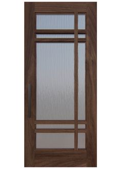 a wooden door with frosted glass on the top and side panels, in front of a white background