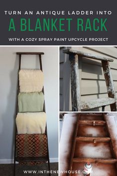 an old ladder turned into a blanket rack