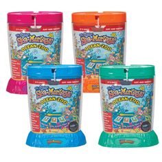 three plastic cups with different colors and designs