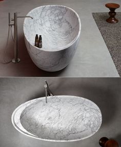 two pictures of a marble sink with wooden faucets