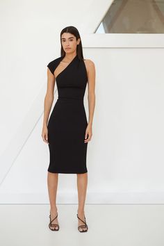 Black One-Shoulder Dress - Manhattan Sleeveless Midi Dress | Marcella Elegant Sleeveless Sheath Dress For Night Out, Sleeveless Bandage Dress For Gala, Elegant Stretch Sleeveless Cocktail Dress, Stretch Sleeveless Cocktail Dress, Sleeveless Fitted Evening Dress For Formal Occasions, Sleeveless Fitted Formal Evening Dress, Fitted Sleeveless Evening Dress For Formal Events, Fitted Sleeveless Formal Evening Dress, Elegant Sleeveless Bandage Dress For Gala