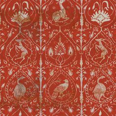 an intricately designed wallpaper with red and gold designs on it's sides