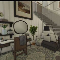 a living room filled with furniture and a stair case