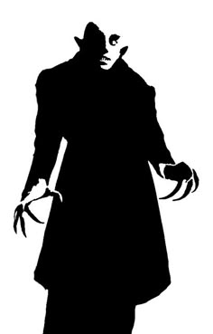 a black and white silhouette of a man in a top hat with claws on his hands