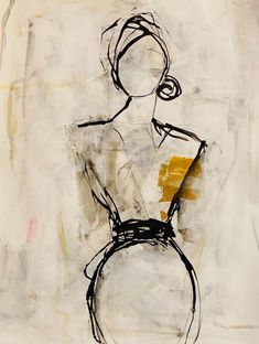 an abstract drawing of a woman in black and white, with yellow accents on the background