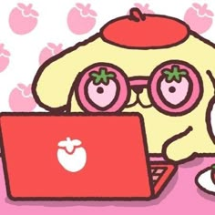 an image of a cartoon character with glasses on working on a laptop computer and eating food