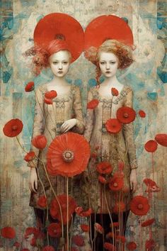 two women standing next to each other with red flowers