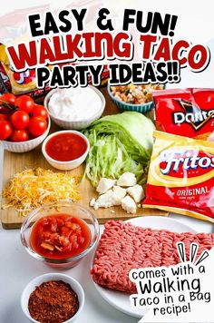 an advertisement for a taco party with meat and vegetables