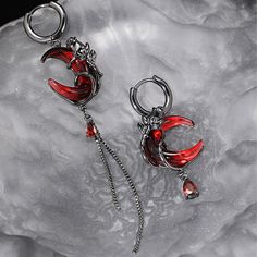 Evoke an air of timeless beauty and sophistication with our Red Rose Crescent Moon Earrings.... Vampire Earrings, Moon Accessories, Gothic Bracelet, Goth Earrings, Crescent Earrings, Gothic Earrings, Crescent Moon Earrings, Body Jewelry Piercing, Magical Jewelry