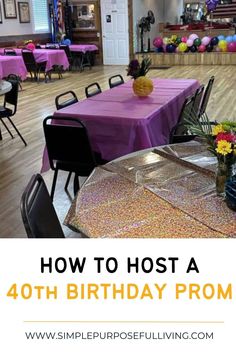 a birthday party with purple table cloths and flowers in vases on the tables