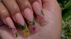 Long Deep French Floral Encapsulated Acrylic Nail YouTube Nails Encapsulated, Nails Flowers, Encapsulated Nails, Flowers Acrylic, Hacks Beauty, Acrylic Nails Coffin Pink, Short Acrylic, Glass Nails