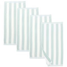 three green and white striped towels on a white background