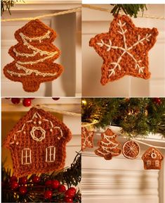 crocheted gingerbread ornaments hanging from a christmas tree