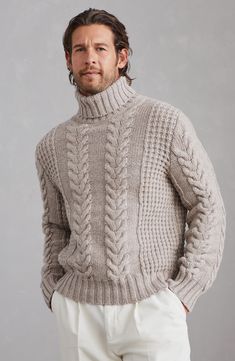 Refined cashmere Feather yarn is soft and lightweight. It features a tubular structure that increases volume and enhances the plush effect of the natural fibers. High turned-down collar Regular shoulder Cable knit Turtleneck Outfit Men Casual, Turtle Neck For Men, Brunello Cucinelli Knitwear, Mens Turtleneck Sweater, Wardrobe Men, White Cashmere Sweater, Italian Chic, Feather Yarn, Knit Inspiration